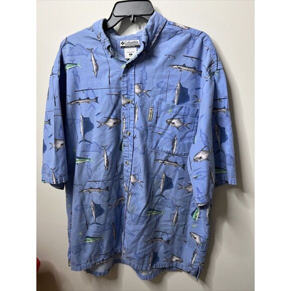 Columbia Shirt Mens XLarge Blue Button Down Short Sleeve All Over Fish Print‎ - Picture 1 of 4